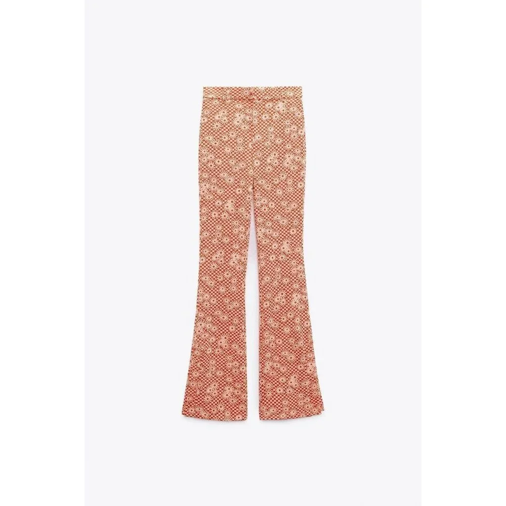 NEW ZARA Orange Daisy Print Flare Bottom Pants Size S Boho Hippie 70s Peace - Picture 2 of 7